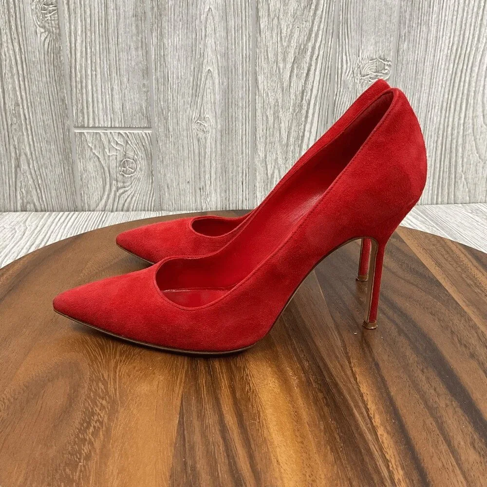 Manolo Blahnik BB 105 Red Suede Shoes Pumps Heels Pointed Toe